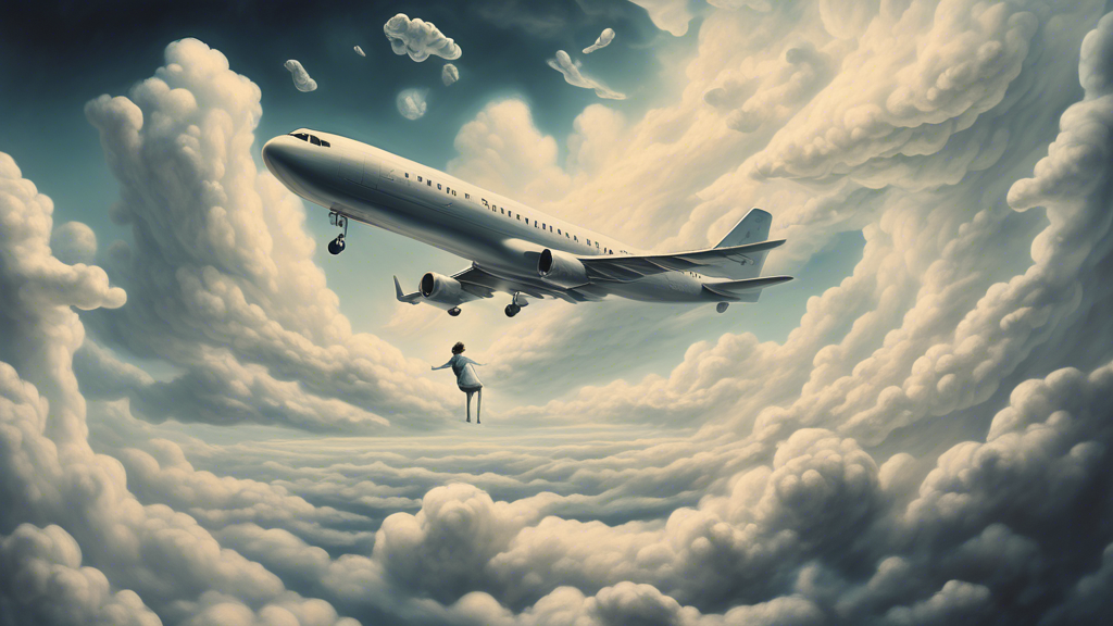 A surreal and dreamlike depiction of a person flying through the sky in an airplane, with the interior of the plane melting and blending into the cloudscap