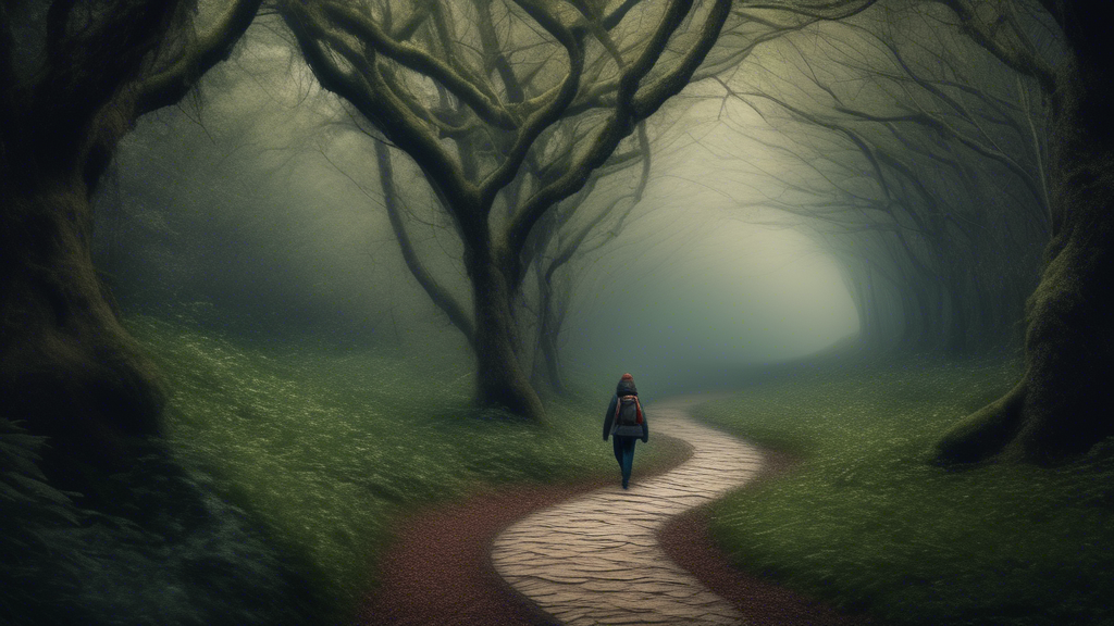 A person walking alone in a winding path in a forest, lost and confused, symbolizing the feeling of being lost and disoriented in a dream.