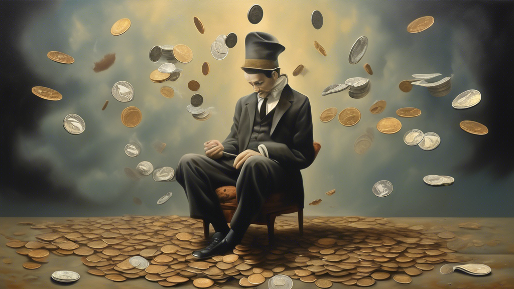 A dreamlike surrealist painting of a person losing money in different ways such as dropping coins, losing bills, or having it stolen. The overall tone of t