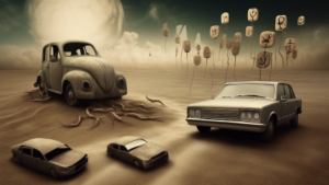 Dreamlike surreal scene representing loss of vehicle, with cryptic symbols or omens suggesting potential meanings and solutions