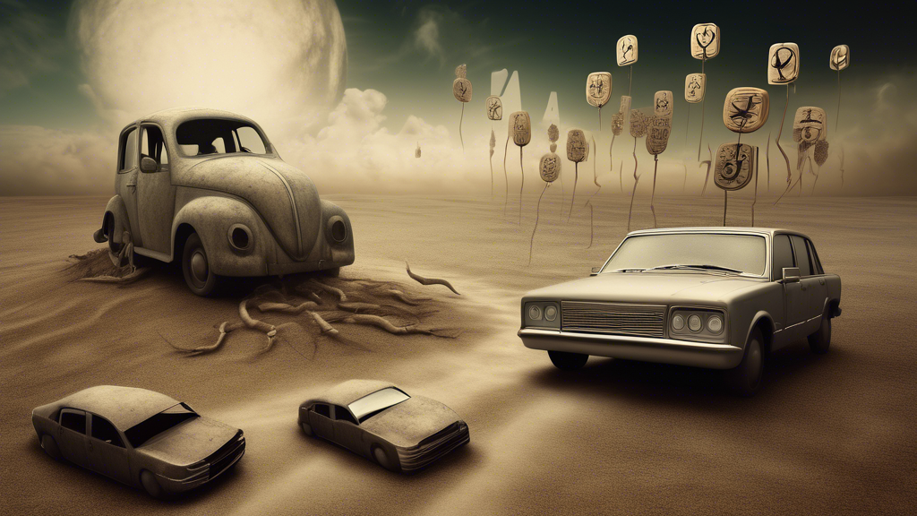 Dreamlike surreal scene representing loss of vehicle, with cryptic symbols or omens suggesting potential meanings and solutions