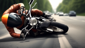 A realistic image of a person having a road accident on their motorbike. The person should be wearing a helmet and the bike should be broken. The image sho