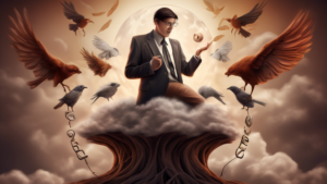 A realistic digital art illustration of a person dreaming of a promotion, with symbolic imagery representing both good and bad omens.