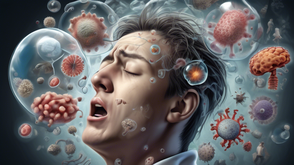 A photorealistic illustration of a person dreaming of being sick. The dream is shown as a bubble above the person's head, and it contains images of viruses